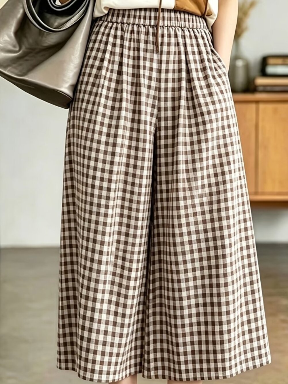 Coffee Plaid Gingham Capri Wide Leg Pants With Pockets